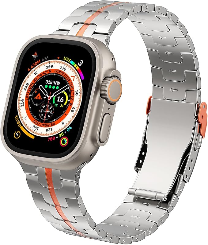 Upgraded Titanium Band Compatible with Apple Watch Band Ultra 3/Ultra 2/Ultra 49mm,Series 11/10 46mm,9/8/7 45mm,SE3/SE2/SE/6/5/4 44mm,3/2/1 42mm,Lightweight Durable Large Strap,Titanium/Orange