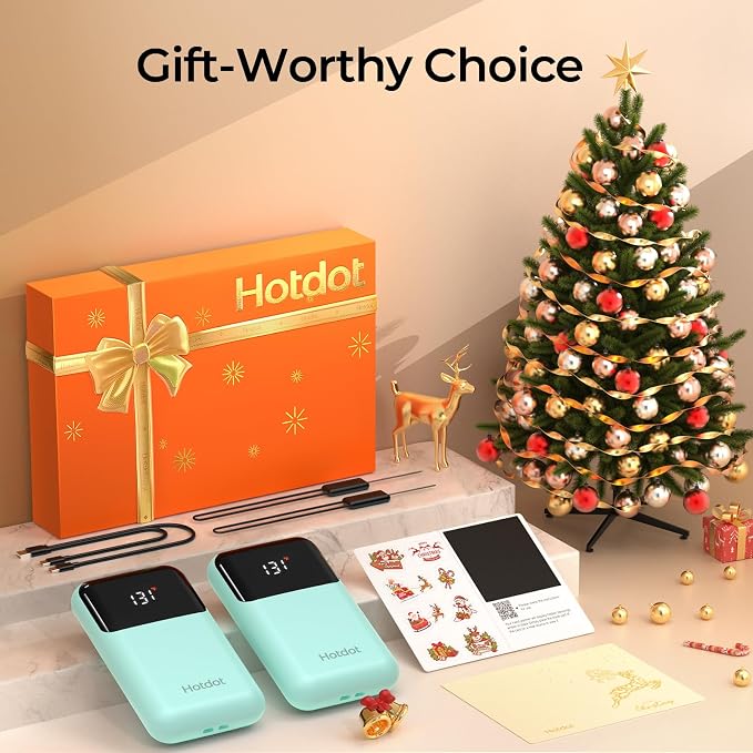 Hotdot Hand Warmers Rechargeable with Gift Box, 4 Pack Electric Hand Warmer with LED Display Battery and Temperature, 4 Heating Levels Portable Hot Hands, for Men, Women, Hunting Cyan