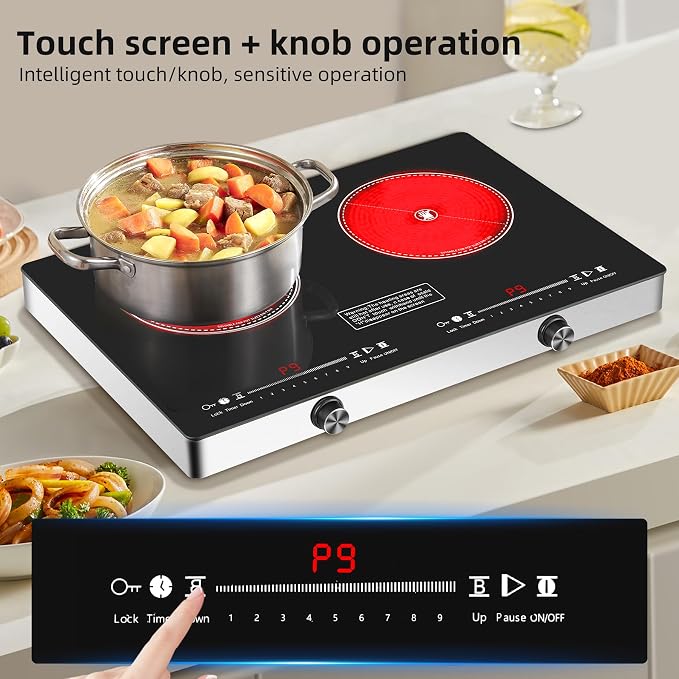 Electric Cooktop,110V 2500W Electric Stove Top with LED Knob Control,9 Power Levels, Kids Lock & Timer,Overheat Protection stove,24 Inch 2 burner cooktop