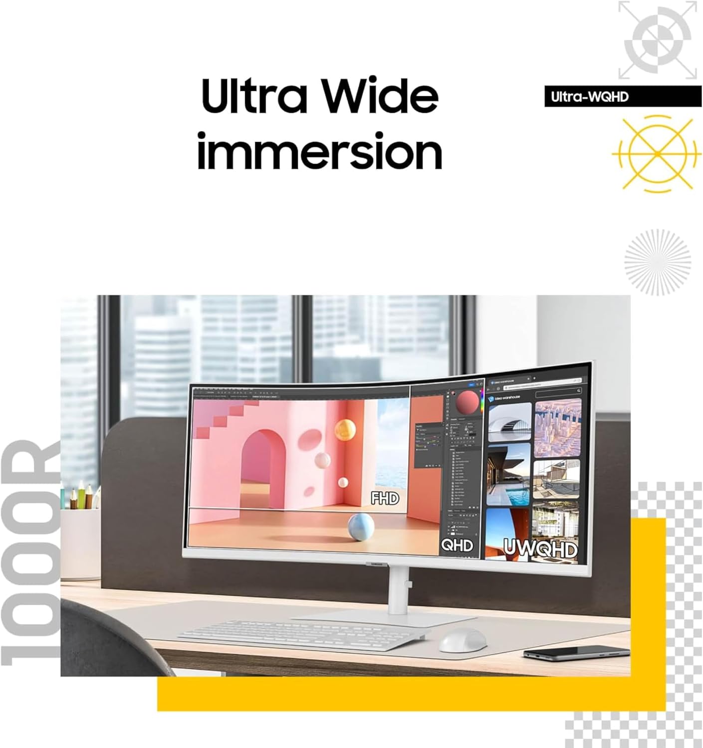 Samsung 34” ViewFinity (S65TC) Series Ultra-WQHD 1000R Curved Computer Monitor, HDR10, 100Hz, AMD FreeSync, Thunderbolt 4, Height Adjustable Stand, Built-in Speakers, Eye Care, LS34C650TANXGO, 2024