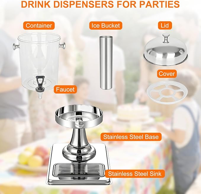2.2 Gallon Iced Beverage Drink Dispenser, Stainless Steel Water Jar with Stand, Iced Beverage Drink Dispenser for Parties, Commercial Hot Cold Juice, Hot & Cold Drinks