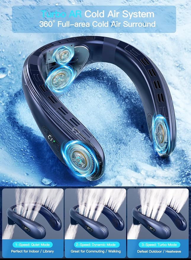Neck Air Conditioner Portable, Neck Fan with Large Cooling Plate & NTC Control,Upward & Downward Back Airflow, 6000mAh Bladeless Wearable Fan for Outdoor, Travel, Office, Golf (Dark Blue)
