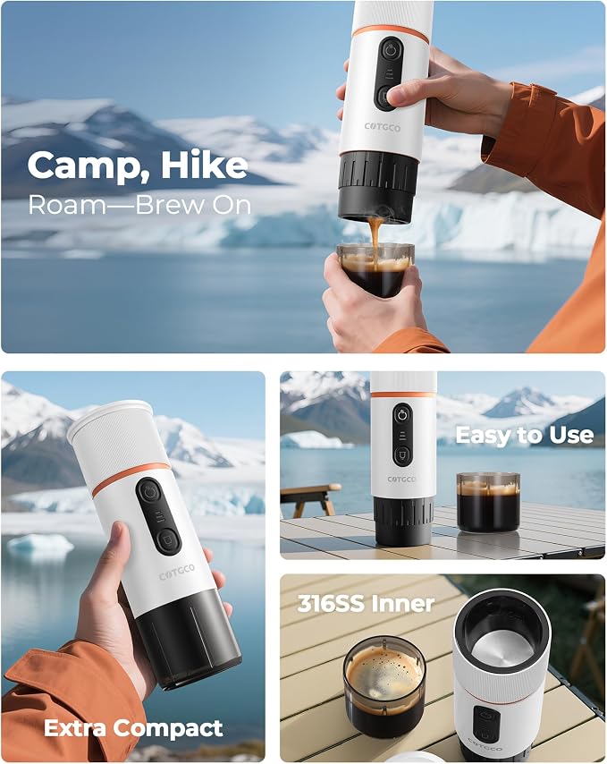 Portable Espresso Maker 20 Bar Self‑Heating & Auto-off | 13500 mAh Battery Brews 8 Shots | 12 V Mini Coffee Machine Compatible with Nespresso Original Pods | Car/Travel/Camping