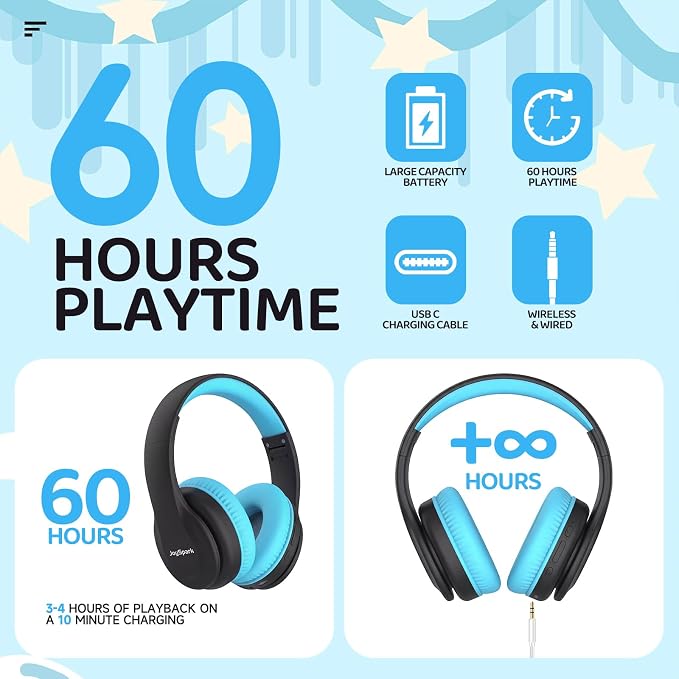 JoySpark Kids Bluetooth Headphones, Lightweight Wireless Headphones for Kids, 85/94dB Volume Limited, 60 Hours Playtime, Bluetooth 5.3, Over-Ear Toddler Headsets with Built-in Mic (Black Blue)