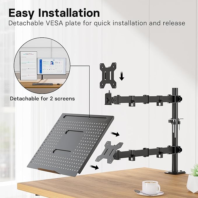 Redbat Monitor and Laptop Mount Stand, Fully Adjustable Monitor Arm with Vented Tray for 13" to 32" LCD Screens and Notebook up to 16", Holds up to 22lbs, VESA Compatible, Dual Mounting Options