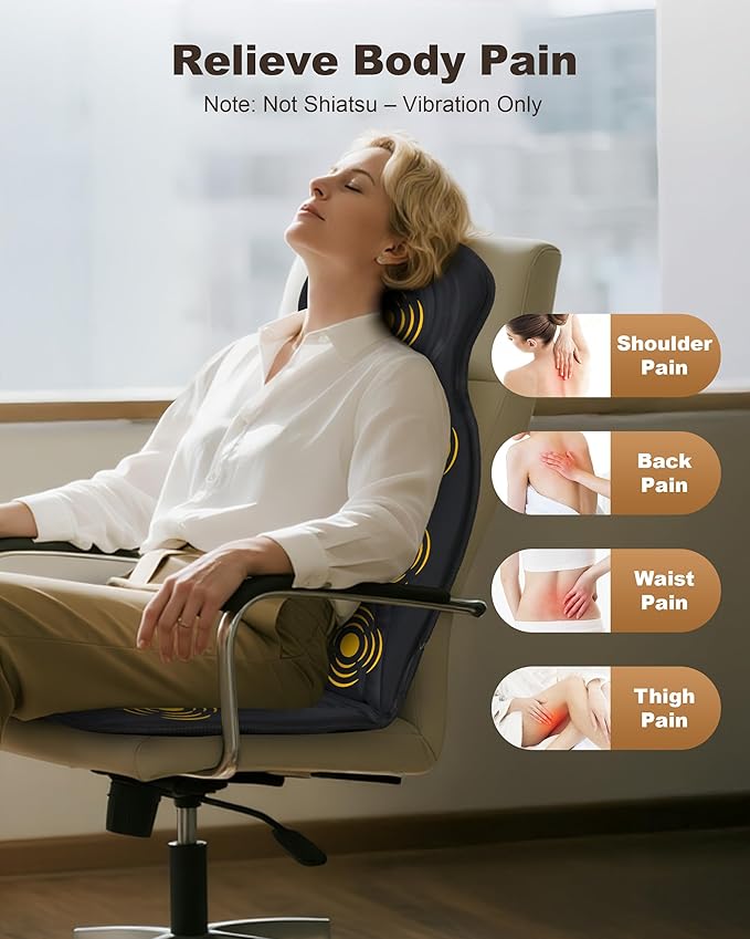 Beleduc Back Massager for Chair with Heat, Massage Chair Pad for Pain Relief, Massage Seat Cushion with 9 Vibration Motors, 3 Heating Areas, 30/60/90 Minute Timer, Home Office Relaxation