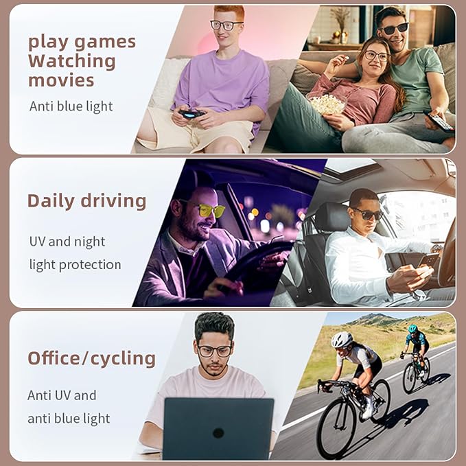 Smart Bluetooth Glasses for Men & Women, Magnetic Lenses 3-in-1(Blue Light Blocking/UV400/Night Vision), Auto On/Off, Call/Music, IP65 Waterproof, Wireless Audio Stylish Eyewear for Driving/Working