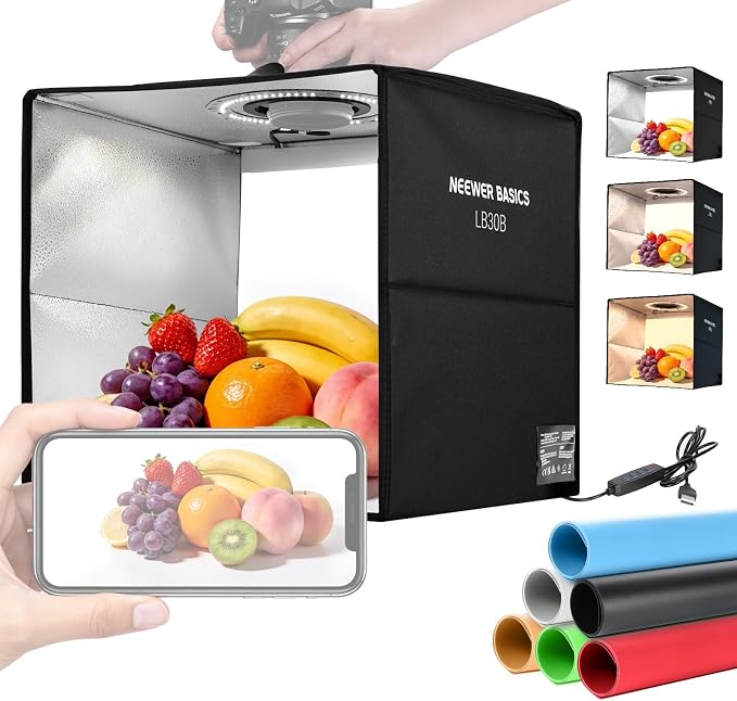 NEEWER Basics Bi Color Photo Studio Light Box, 12"x12"x12" Folding Photo Booth Shooting Tent with 6 Color Backdrops, 120 LEDs CRI95+ Dimmable for Tabletop Jewelry Electronics Food Photography, LB30B