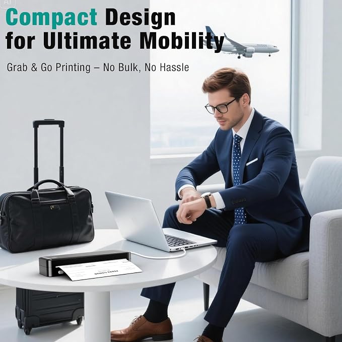 PEDOOLO Portable Printer Wireless for Travel, Inkless Thermal Printer Supports 8.5 x 11 Inch Thermal Paper, Bluetooth Compatible with iOS, Android, Laptop Includes 2 Rolls & 10 Sheets of Paper Kit