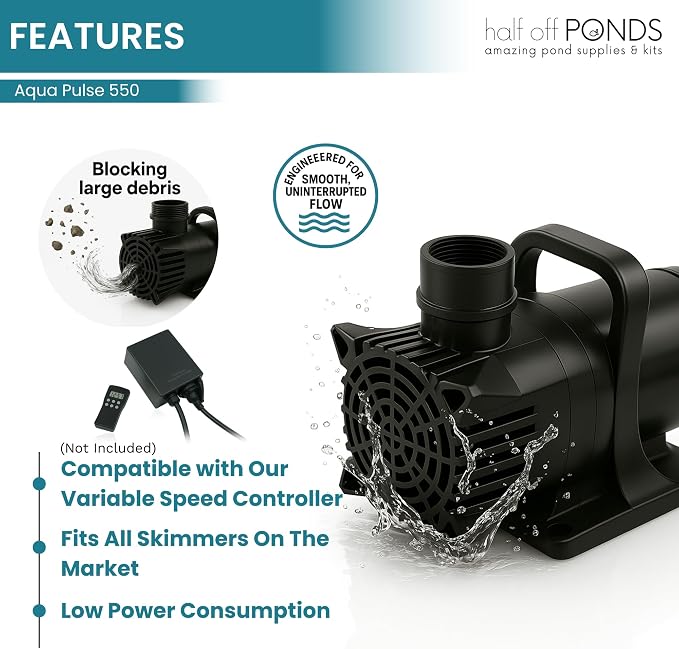 Aqua Pulse Submersible Pond Pump, 550 GPH, 33 ft Cord | 11 ft max head, 54W energy efficient, Ultra quiet, For koi ponds, Waterfalls, Fountains