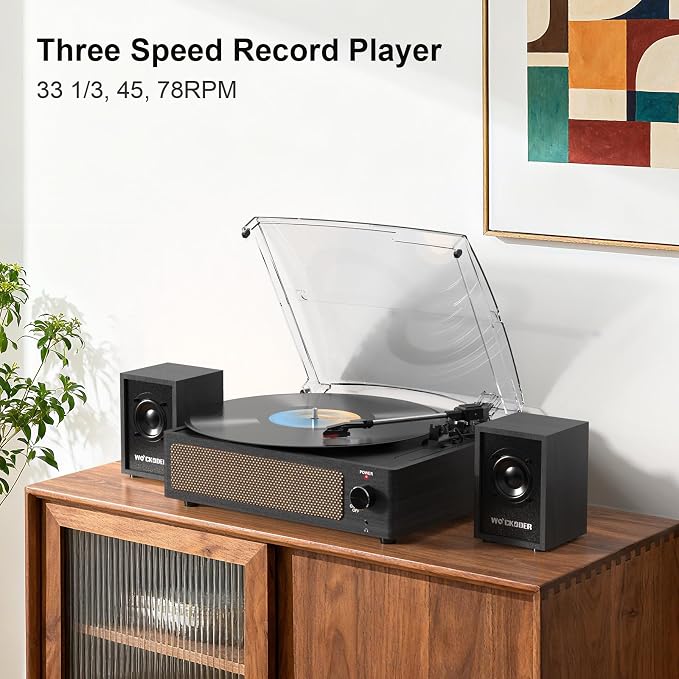 Record Player with Passive Bookshelf Speakers Belt-Drive Vintage Turntable for Vinyl Records External Dual Stereo Speakers LP Players 3 Speed Wireless AUX Headphone Input Auto Stop Retro Black Wooden