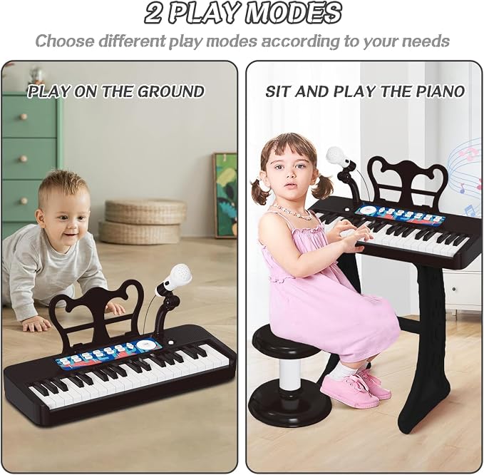 Kids Piano, 37 Keys Toddler Piano Keyboard Toy Electronic Musical Instrument Educational Toy with Microphone, 2 Speakers, Record Playback, Christmas Birthday Gift for 3+ Years Old Black