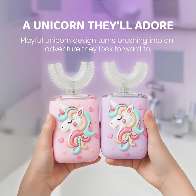 Well Before Kids U Shaped Electric Toothbrush with 5 Brush Heads, Ultrasonic, 5 Modes, IPX7 Waterproof Design (Unicorn, Purple Ages 2-7)