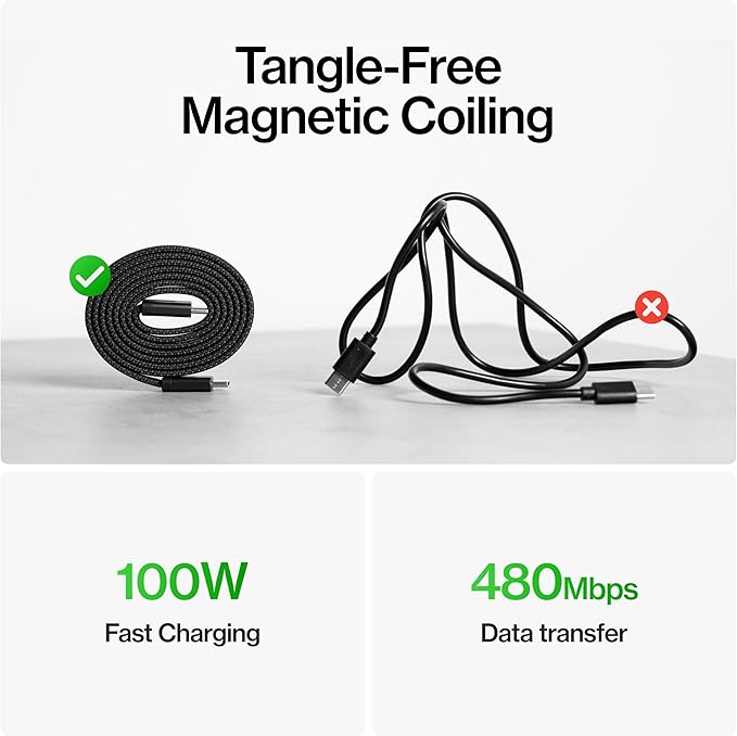 Statik MagStack Slim Pro - USB C to USB C Cable, Magnetic Anti Tangle Flat Type C Charger Fast Charging Cord, Magnetic Charging Cable, Compatible with iPhone, iPad & Android, 100W 6FT, 3-Pack