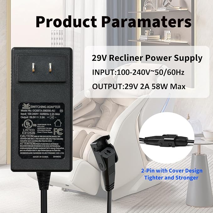 29V Recliner Power Supply with 2 Pin Splitter Lead Y Power Cable for Lift Chairs Electric Power Recliners and Adjustable Beds AC/DC Switching Power Supply Transformer