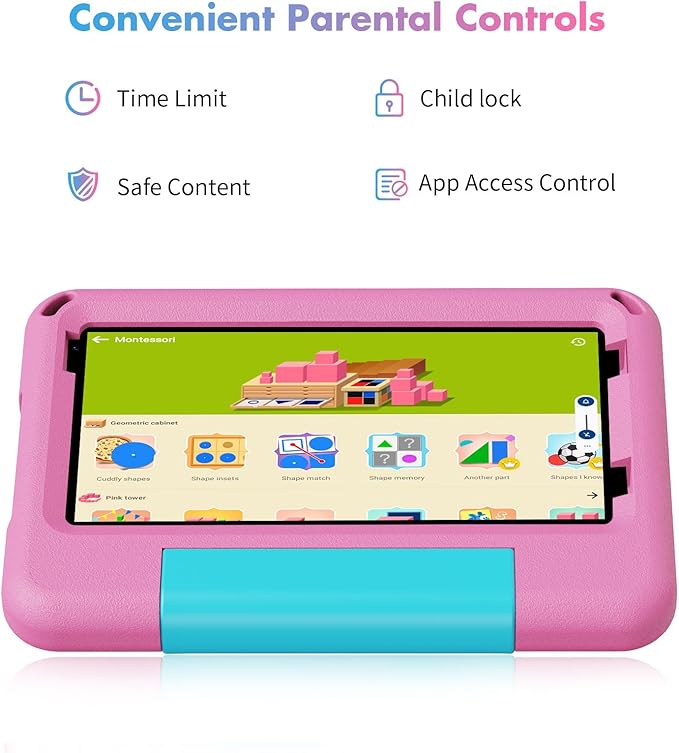 Android 15 Tablets with Case 7 inch Kids Tablet, 64GB Pad for Age 3-12 Toddler, Educationl, Games, Parental Control, Built in WiFi, Bluetooth, Dual Camera (Pink)