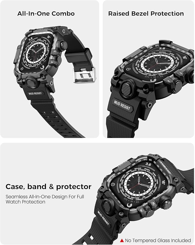 amBand Rugged Case with Band for Apple Watch 45mm, Compatible with Apple Watch (iWatch) Series 9/8/7, Military Grade Shockproof Bumper Cover, Tactical Band for Men, Matte Black