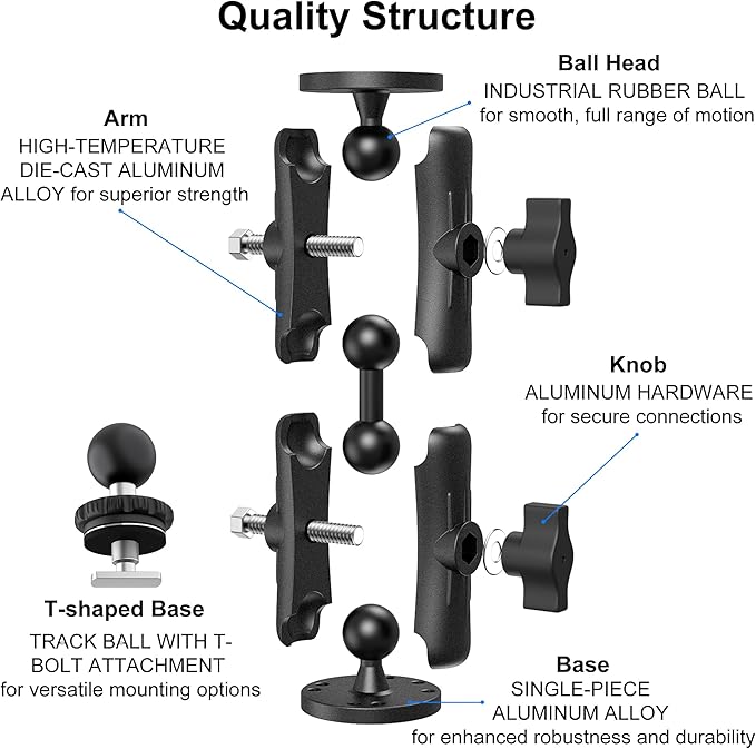 Kewirya Fish Finder & Ball Mount with Aluminum Long Arm Extension, AMPS Round Plate for GPS/Boats/Vehicle, T-Bolt Attachment for Track Systems & Backup Cameras, B Compatible with RAM