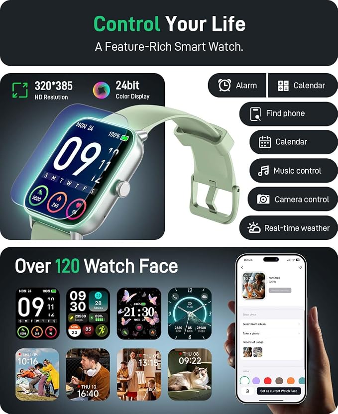 Hingso Smart Watch for Women Men, 1.85" Fitness Tracker for Android/iPhone | Bluetooth Call & Text Alert, Alexa Built-in, 24/7 Heart Rate/SpO2/Sleep/Cycles Monitor, 120+ Sports, IP68 Waterproof, 2 Bands