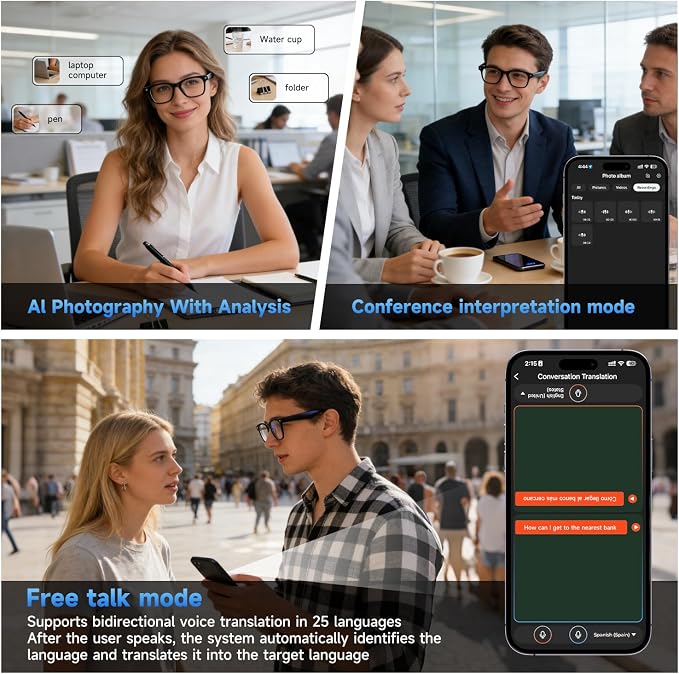 AI Smart Glasses with Camera,AI Voice Assistant,8MP/1080P HD Video & Audio Recording Camera, Real-Time Voice Translation, Bluetooth Connectivity, Photochromic Sunglass Lenses for Men & Women