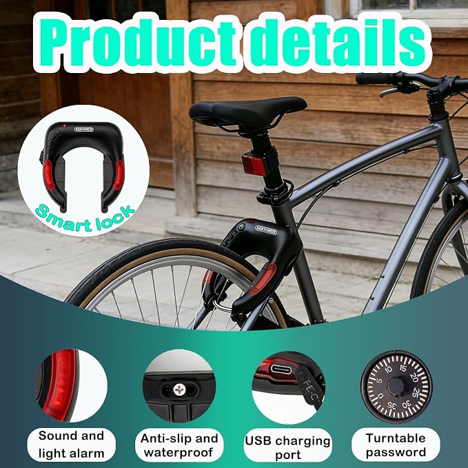 U-Shaped Smart Bike Lock, Electronic Keyless Lock with Solar & Type-C Charging, IP65 Waterproof, 2000mAh Long Battery Life for Bicycles, E-Bikes