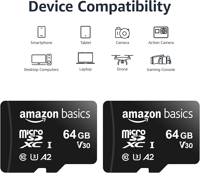 Amazon Basics microSDXC Memory Card with Full Size Adapter, A2, U3, Read Speed up to 100 MB/s, 64GB, Black (2pack)