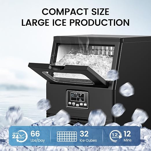 COWSAR Commercial Ice Maker Machine, 66Lbs/24H 8Lbs Storage, Stainless Steel Undercounter Cube Ice Maker, Self-Cleaning, for Compact Cafe, Bar, Home Kitchen