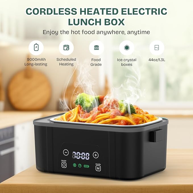 Cordless Heated Lunch Box, Smart Timer Automatic Heating Food Warmer for Adults, 5.5-Cup Portable Electric Lunch Container with Handheld Insulated Bag（Dark Black）