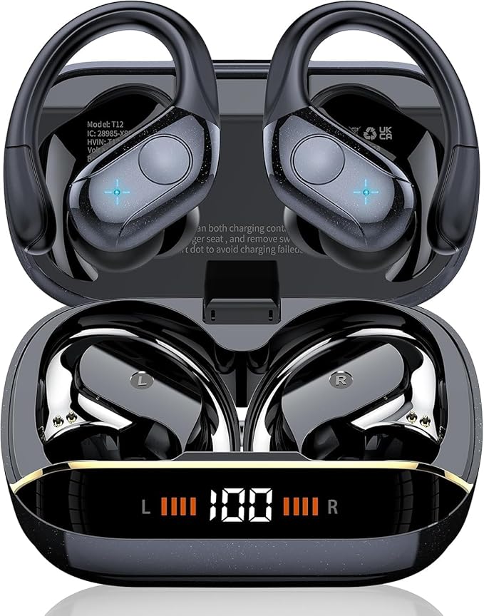 Qecnato Wireless Earbuds Bluetooth 5.4 Headphones 75H Stereo Deep Bass Sports Over Ear Buds with Earhooks, LED Display Bluetooth Earbuds with 4 ENC Mic, IP7 Waterproof Earphone for Running, Black