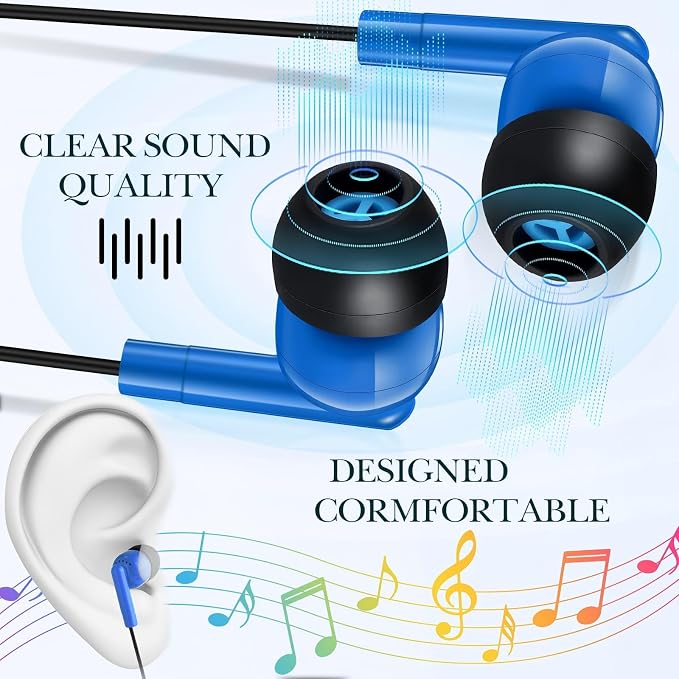 Kanayu 50 Pack Wired Earbuds Bulk for Classroom Ear Headphones Wired Basic Student Earbuds No Microphone with 3.5MM Jack for Class Laptop School Library, Individually Bagged (Dark Blue)