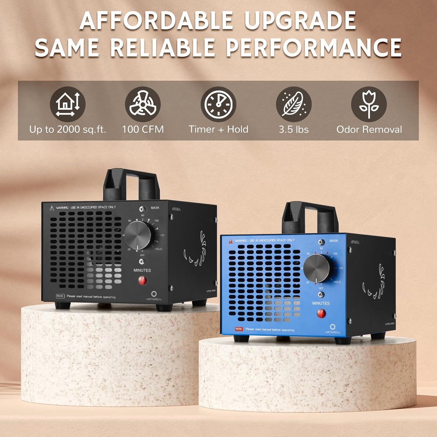 Airthereal MA5K Ozone Generator for Home, Ozone Air Ionizer Odor Eliminator with 120-Min Timer, Lightweight Design, Odor Removal for Car, Smoke, Pets, Basements, Covers Up to 2,000 Sq. Ft., Black