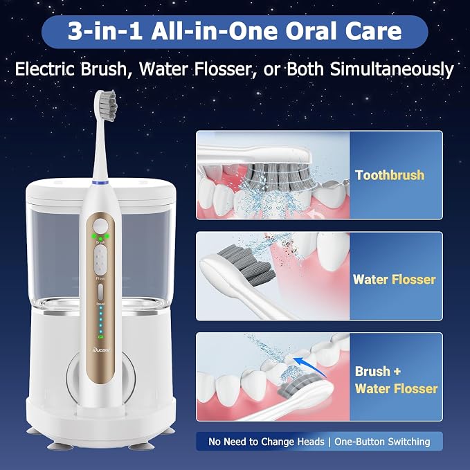 Electric Toothbrush with Water Flosser Combo, 3-in-1 Sonic Flossing Toothbrush and Dental Water Flosser for Teeth Adult Cleaning with 4 Heads, Sensitive, Gum Care, Braces, 500ML-White