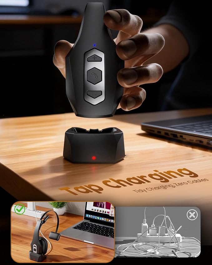 Trucker Bluetooth Headset with Charging Base, Wireless Hands-Free Headset with Noise Canceling Mic & Mute Button, 56Hrs Working Time PC Headsets for Cell Phones, Computer, Truck Driver