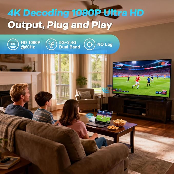 Wireless HDMI Transmitter and Receiver 328FT/100M, 1080P@60Hz | 4K Decode | Plug and Play | 2.4G/5G Dual Band | For Laptop, TV Box, Monitor, Projector