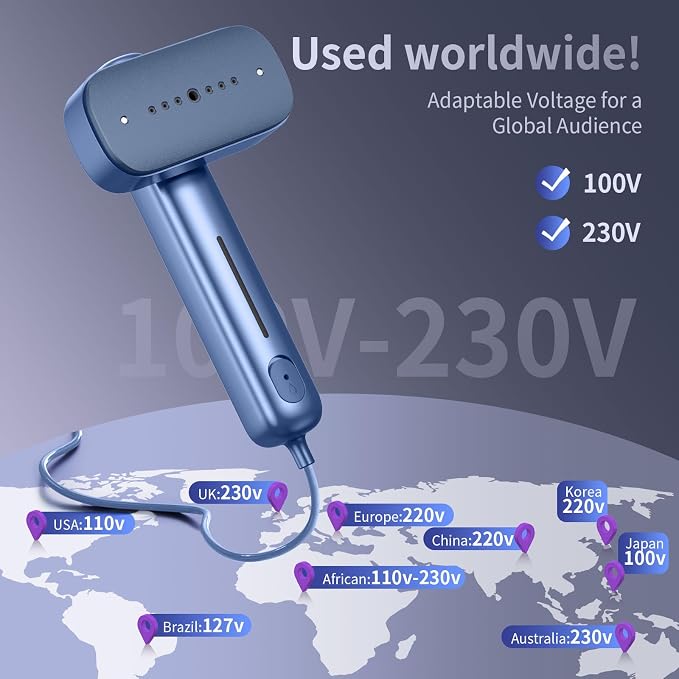 Global Travel Steamer for Clothes,(100V-230V) Dual Voltage Portable 2-in-1 Handheld Steamer & Iron, Travel Safer with Auto-Off- Suitcase Essential for Business Travel & Europe,Blue