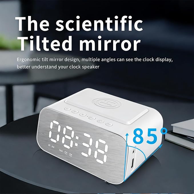 Multifunctional Wireless Charging Station with Bluetooth Speaker,Digital Alarm Clock,FM Radio,HD Display & Smart Noise-Cancelling Mic–Adjustable Brightness,Charge While Listening,BT510 White.