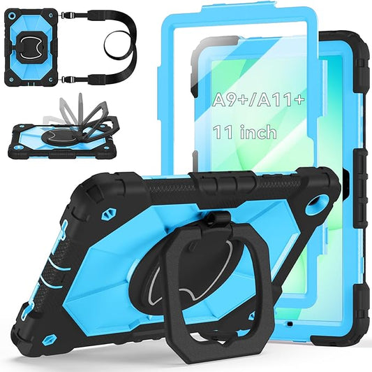 Case for Samsung Galaxy Tab A11+/A9+ Plus 11 Inch 2026/2024, Auorld Rugged Case for Samsung Galaxy A9+/A11+ Tablet with Screen Protector 360 Rotating Stand Shoulder Strap Pen Holder, Black Blue