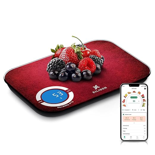 EILISON Smart Kitchen Scale with Nutrition Calculator, Digital Food Scale, Large TFT Color Display, Bluetooth App for 999+ Foods, Calorie Counter & 24 Nutrients Analyzer, 5000g Cap (Red)