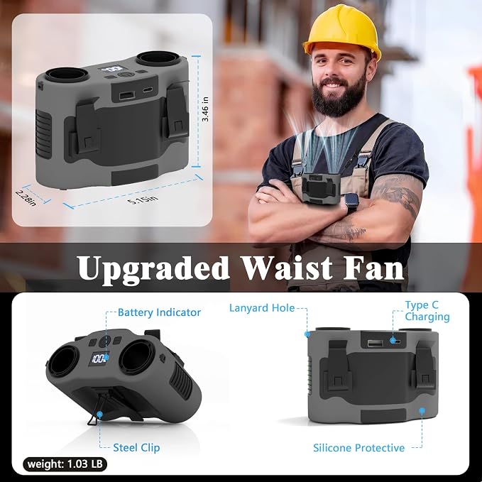 20000mAh Portable Waist Fan, Personal Fan Clip on with Rechargeable Battery, 5 Speeds & 40H Cooling, 20000RPM Wearable Shirt Belt Hands-Free Neck Fan for Outdoor Hiking Travel Jobsite Worker (Gray)