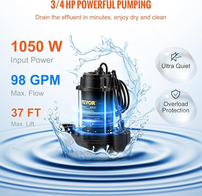 VEVOR 3/4 HP Submersible Sewage Pump, Cast Iron Submersible Sump Pump, Wear-proof Cast Iron Construction, with Tethered Float Switch, 10 FT Power Cord