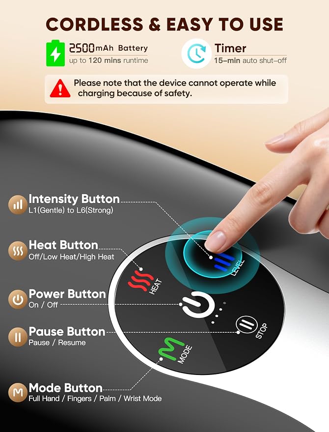 JZBRAIN Hand Massager with Heat and Compression, Black | Cordless, Heated Hand Massage for Arthritis and Carpal Tunnel, 4 Modes 6 Intensities, Portable Rechargeable
