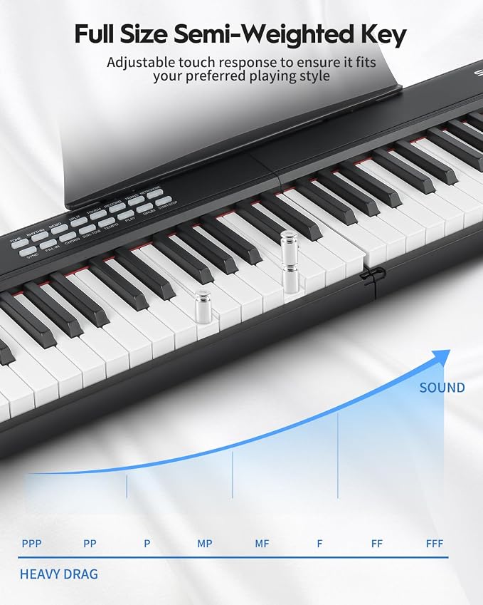 STRICH 88 Key Digital Piano Foldable Full Size Electric Keyboard with Semi-Weighted Sensitive Keys, Portable Piano Set for Beginner, Bundle with Sustain Pedal, Headphones, Music Rest, Black, SEP-88F