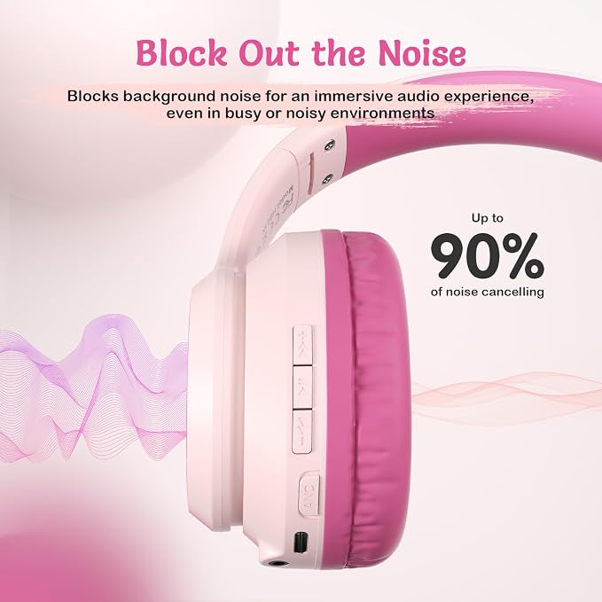 TONOSHARK Kids Bluetooth Headphones with Active Noise Cancelling, Wireless Over-Ear Headphones for Boys Girls, Foldable, Adjustable, 40H Playtime, Mic for School Travel(Pink)