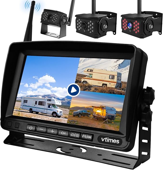 VTimes 3-Camera Wireless RV Backup System, RV Backup Camera with 7'' HD Monitor for Truck, 4 Channels Split Screen, BSD Alert, 984FT Signal Range, IP69K Waterproof IR Night Vision, DIY Guide Lines