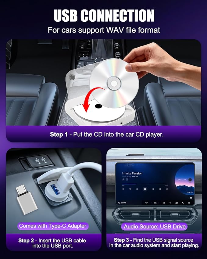 CD Player for Car USB Port AUX Port, External Car CD Player with USB-C Adapter, Extension Cable, for Cars Without CDs Player, Work Vertically and Horizontally for Car Stereo