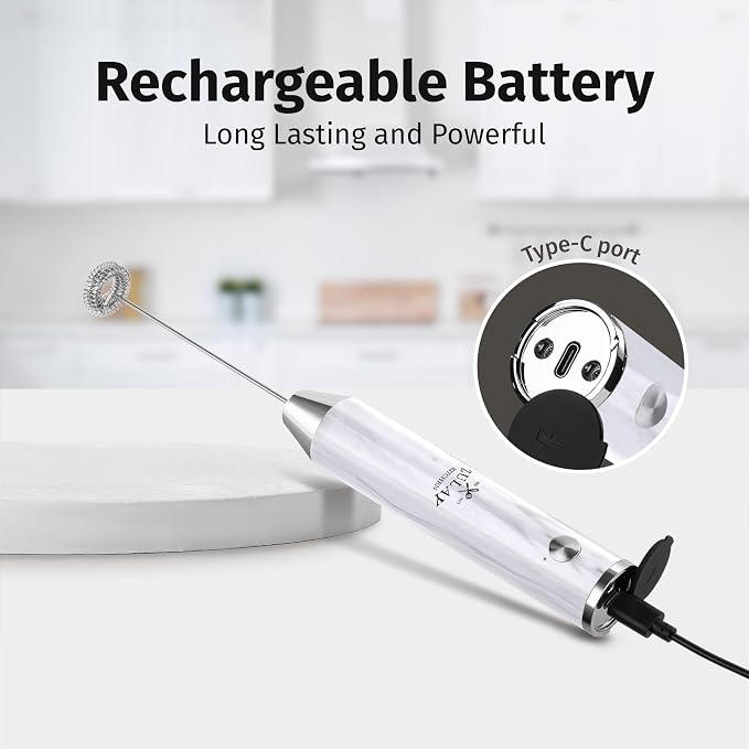 Zulay Kitchen Rechargeable Milk Frother Handheld - Frother Wand, Drink Mixer, Electric Whisk Frother, for Cappuccinos, Matcha & Protein Powder - Lux 4 Whisk 2 Speed Waterproof 2000mAh White Marble