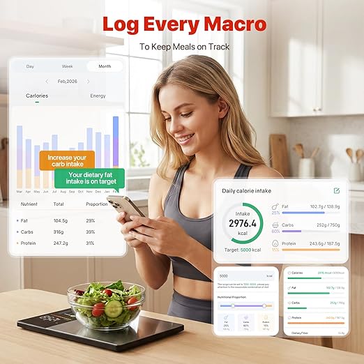 Smart Food Scale with Nutritional Calculator for Kitchen Tracks Calories, Fat, Carbs, Protein & Works with App for Healthy Eating Meal Prep, 50+ Foods & 23 Nutrients Built-in, TFT Display