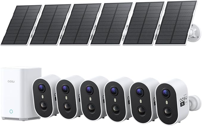 aosu Solar Security Cameras Wireless Outdoor, 2K HD Home Security Camera System, PIR + AI Human Detection, Color Night Vision, Easy to Set Up, Local Storage, No Subscription Required, 6-Cam Kit