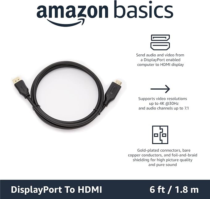 Amazon Basics DisplayPort to HDMI Display Cable, Uni-Directional, 4K@30Hz, 1920x1200, 1080p, Gold-Plated Video and Audio Plugs, 6 Foot, Black, 10-Pack