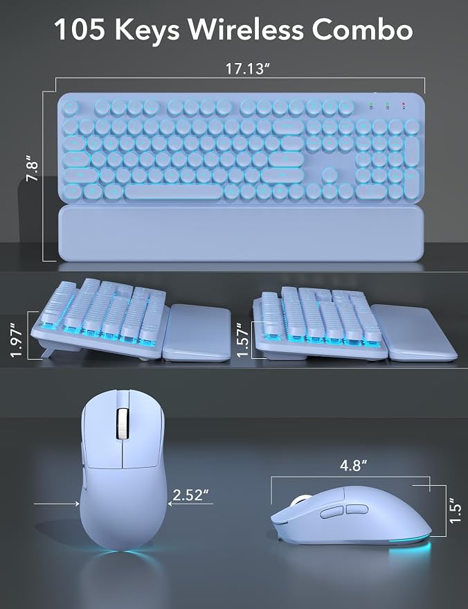 Wireless Keyboard and Mouse Backlit - Purple Typewriter Keyboard with Magnetic Wrist Rest, Retro Round Keycaps, Light Up Letters, 2.4GHz Cordless Combo for Windows, PC, Laptop, Trueque [Upgraded]